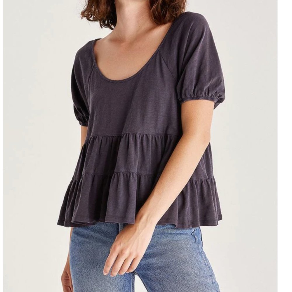 Z Supply Charcoal Puff Sleeve Tiered Top